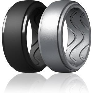 Egnaro Men’s Silicone Rings 10mm Wide 2.5mm Thick, Rubber Wedding Bands with Inner Arc Ergonomic Breathable Design, 1/4/5/7 Variety Multipack(SETM-Black Silver)
