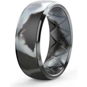Egnaro Men’s Silicone Wedding Rings: 1/4/6/7 Multipack Rubber Wedding Bands with Inner Arc Ergonomic Breathable Design for Gym/Outdoor/Gift(SETB4-Black Gray-Black Camo)
