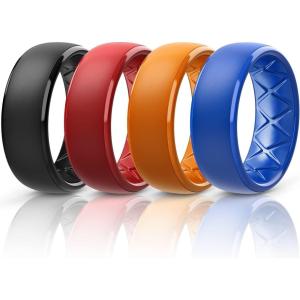 Egnaro Men’s Silicone Wedding Rings: 1/4/6/7 Multipack Rubber Wedding Bands with Inner Arc Ergonomic Breathable Design for Gym/Outdoor/Gift(SETB5-Black Red Orange Light Blue)