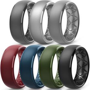 Egnaro Men’s Silicone Wedding Rings: 1/4/6/7 Multipack Rubber Wedding Bands with Inner Arc Ergonomic Breathable Design for Gym/Outdoor/Gift(SETC4-Black Gray Silver Dark Gray Dark Foliage Green Maroon Twilight Blue Black)