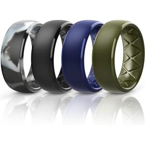 Egnaro Men’s Silicone Wedding Rings: 1/4/6/7 Multipack Rubber Wedding Bands with Inner Arc Ergonomic Breathable Design for Gym/Outdoor/Gift(SETD1-Black Dark Blue Black Gray Camo Olive Green)