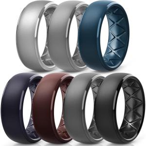 Egnaro Men’s Silicone Wedding Rings: 1/4/6/7 Multipack Rubber Wedding Bands with Inner Arc Ergonomic Breathable Design for Gym/Outdoor/Gift(SETD2-Silver Dark Gray Twilight Blue Black Purple Coffee Brown Black Gray Black)