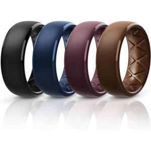 Egnaro Men’s Silicone Wedding Rings: 1/4/6/7 Multipack Rubber Wedding Bands with Inner Arc Ergonomic Breathable Design for Gym/Outdoor/Gift(SETD3-Caramel Warm Brown Dark Blue Black Gray)