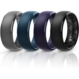 Egnaro Men’s Silicone Wedding Rings: 1/4/6/7 Multipack Rubber Wedding Bands with Inner Arc Ergonomic Breathable Design for Gym/Outdoor/Gift(SETD4-Dark Gray Twilight Blue Black Purple Black)