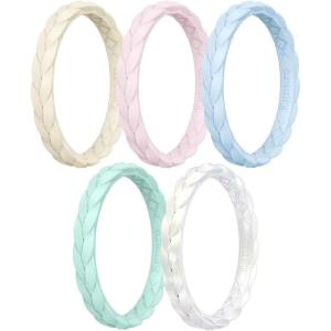 Egnaro Thin Silicone Anniversary Rings:2.5mm Wide – 2mm Thick Woven Design Statement Rubber Wedding bands Women,2-5 Variety Multipack(SETA-Nude Whitepink Opal Green Sky Blue Pearl White)