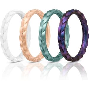 Egnaro Thin Silicone Anniversary Rings:2.5mm Wide – 2mm Thick Woven Design Statement Rubber Wedding bands Women,2-5 Variety Multipack(SETB-White Peach Gold Metallic Green Galaxy)