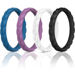 Egnaro Thin Silicone Anniversary Rings:2.5mm Wide – 2mm Thick Woven Design Statement Rubber Wedding bands Women,2-5 Variety Multipack(SETC-Blue Iris Orchid Haze White Black)
