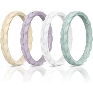Egnaro Thin Silicone Anniversary Rings:2.5mm Wide – 2mm Thick Woven Design Statement Rubber Wedding bands Women,2-5 Variety Multipack(SETD-Light Nude Cloudy Pink Light gray green White)