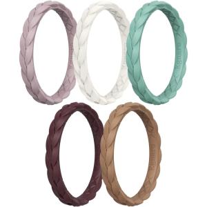 Egnaro Thin Silicone Anniversary Rings:2.5mm Wide – 2mm Thick Woven Design Statement Rubber Wedding bands Women,2-5 Variety Multipack(SETE-Bright Peach Meadow Green Caramel Ivory Light Brown)