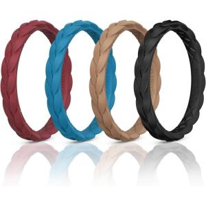 Egnaro Thin Silicone Anniversary Rings:2.5mm Wide – 2mm Thick Woven Design Statement Rubber Wedding bands Women,2-5 Variety Multipack(SETF-Crimson Light Brown Blue Jewel Black)