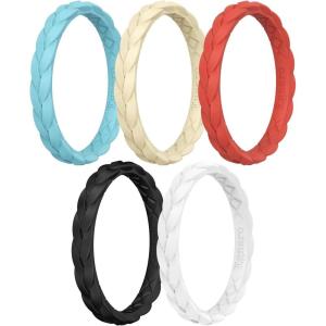 Egnaro Thin Silicone Anniversary Rings:2.5mm Wide – 2mm Thick Woven Design Statement Rubber Wedding bands Women,2-5 Variety Multipack(SETI-Lapis Blue Sunlight Yellow Cinnabar Red Black White)