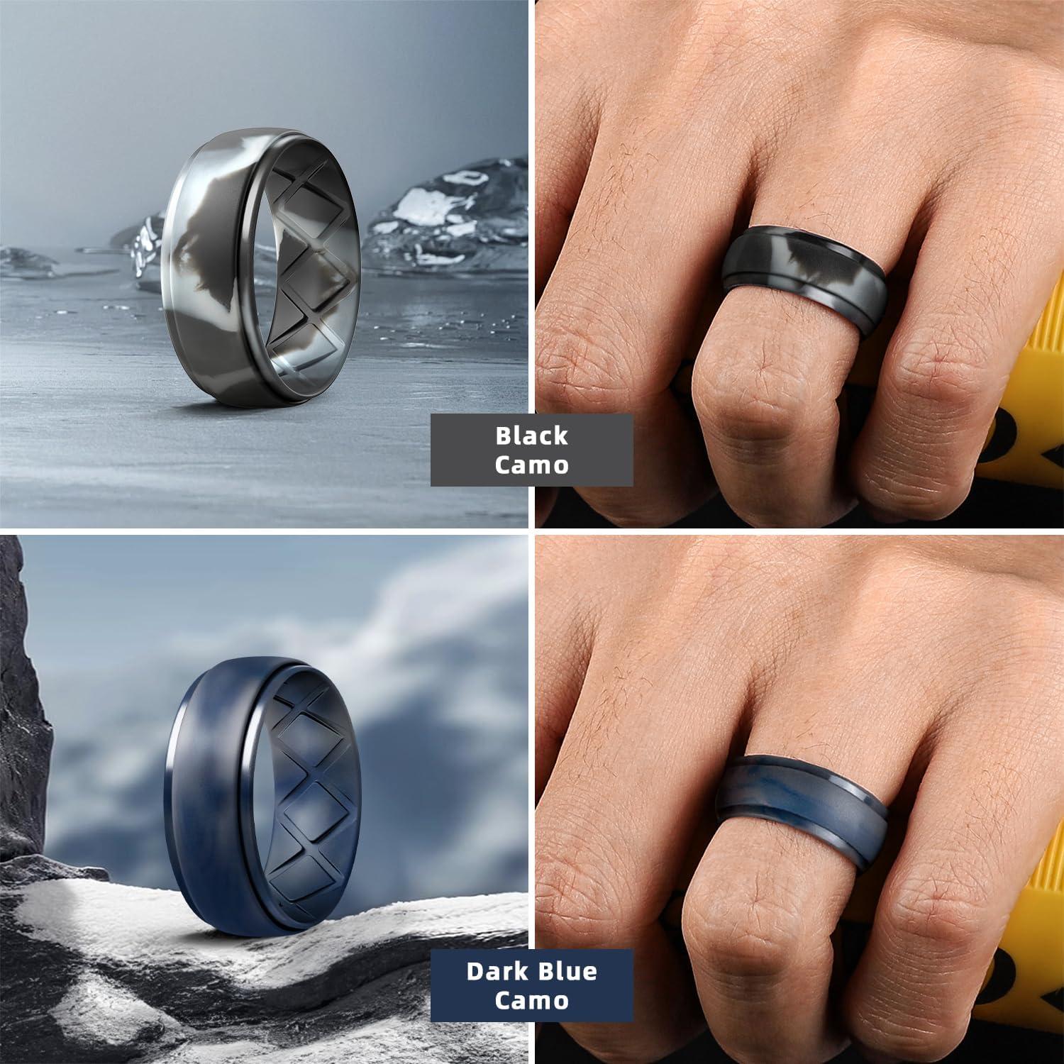 imageEgnaro Inner Arc Ergonomic Breathable Design Silicone Rings Mens with Half Sizes 14567 Rubber Wedding Bands 10mm Wide25mm ThickSETH4Black Black Gray Black GrayBlack Camo Black Gray Blue Camo