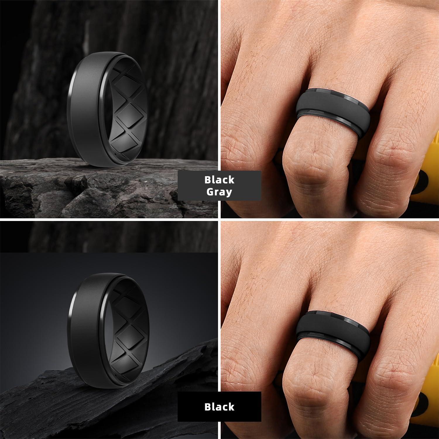 imageEgnaro Inner Arc Ergonomic Breathable Design Silicone Rings Mens with Half Sizes 14567 Rubber Wedding Bands 10mm Wide25mm ThickSETH5Black Black Gray Black GrayBlack Camo Camo Sand