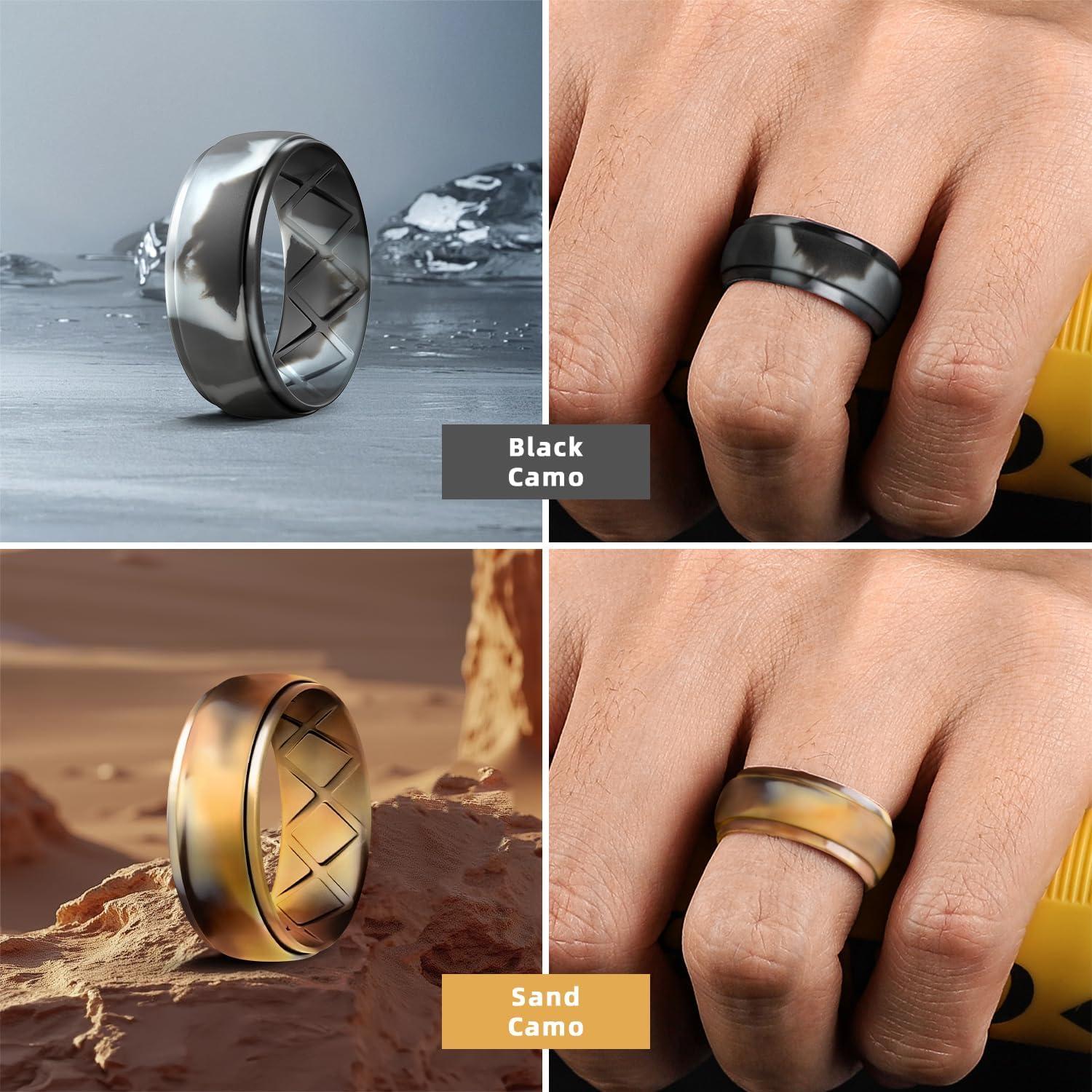 imageEgnaro Inner Arc Ergonomic Breathable Design Silicone Rings Mens with Half Sizes 14567 Rubber Wedding Bands 10mm Wide25mm ThickSETH5Black Black Gray Black GrayBlack Camo Camo Sand