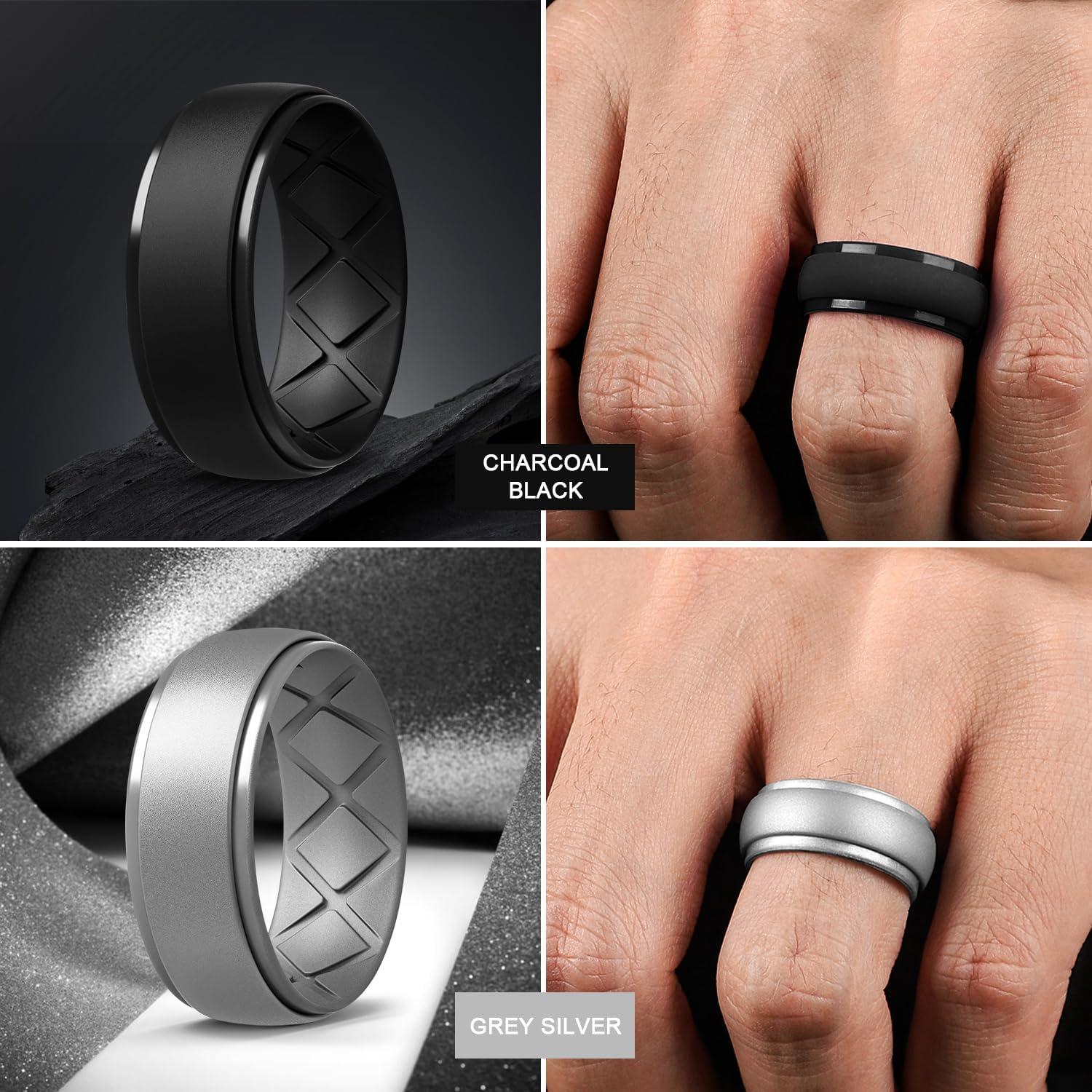 imageEgnaro Inner Arc Ergonomic Breathable Design Silicone Rings Mens with Half Sizes 14567 Rubber Wedding Bands 10mm Wide25mm ThickSETNMetal Blue Metal Gun Metal Silver Black