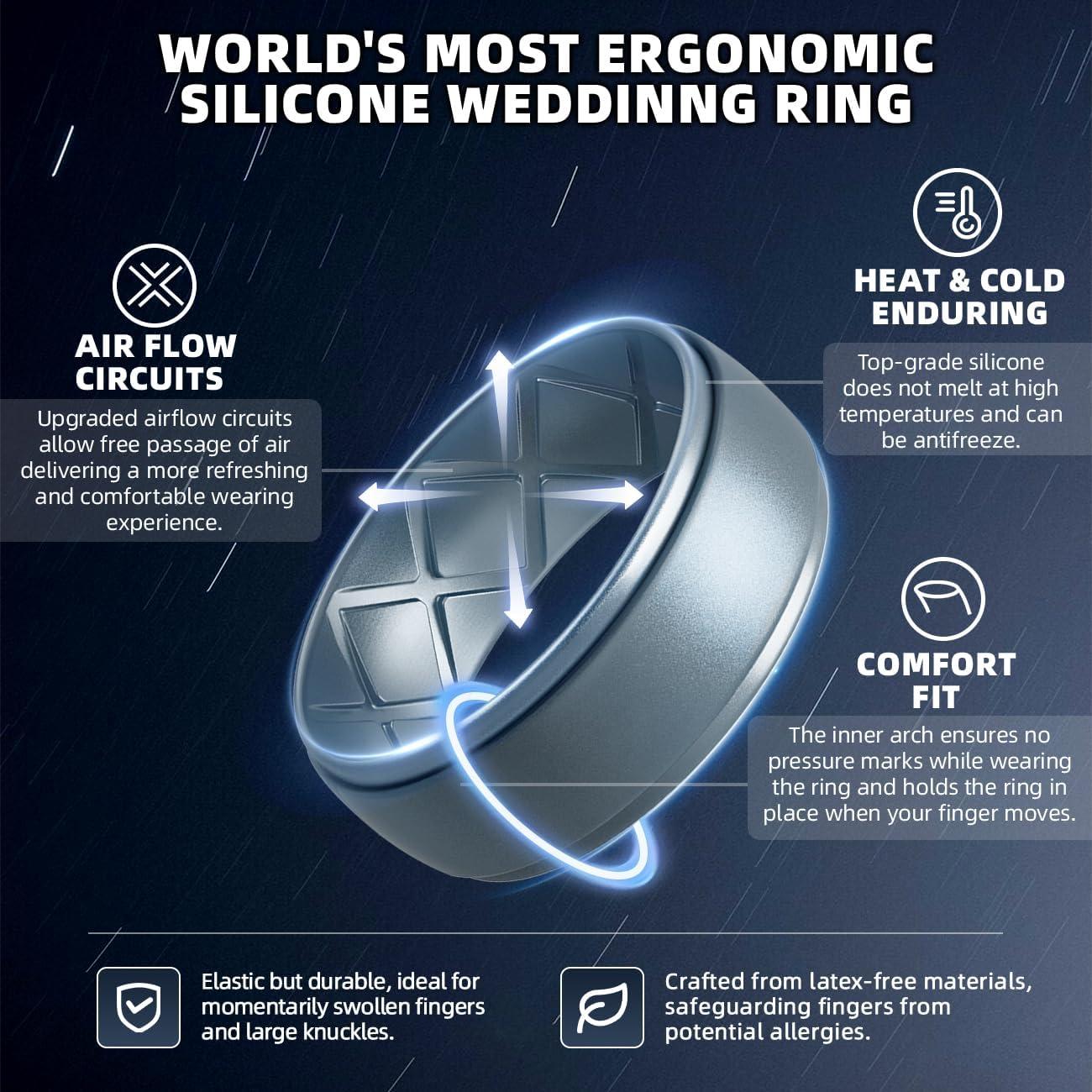 imageEgnaro Inner Arc Ergonomic Breathable Design Silicone Rings Mens with Half Sizes 14567 Rubber Wedding Bands 10mm Wide25mm ThickSETNMetal Blue Metal Gun Metal Silver Black