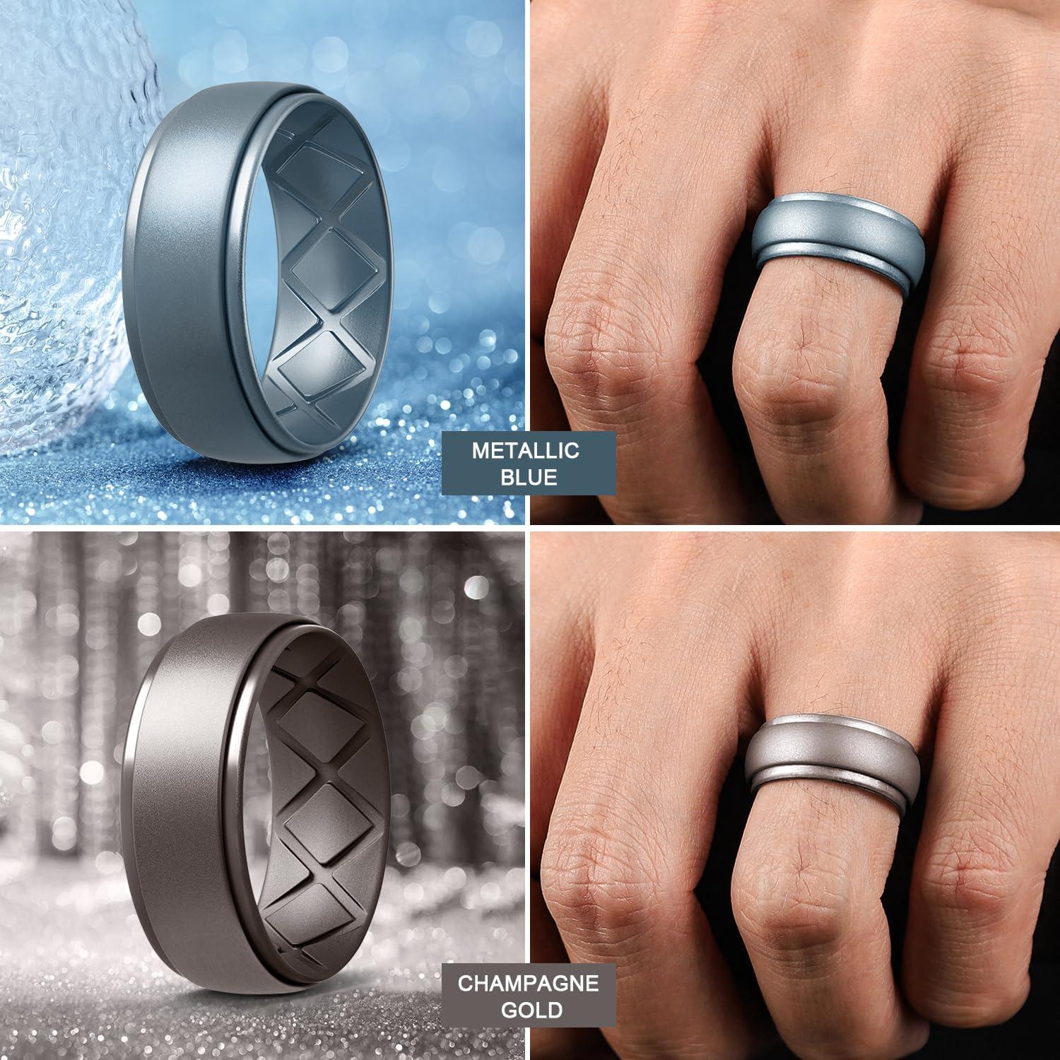 imageEgnaro Inner Arc Ergonomic Breathable Design Silicone Rings Mens with Half Sizes 14567 Rubber Wedding Bands 10mm Wide25mm ThickSETNMetal Blue Metal Gun Metal Silver Black