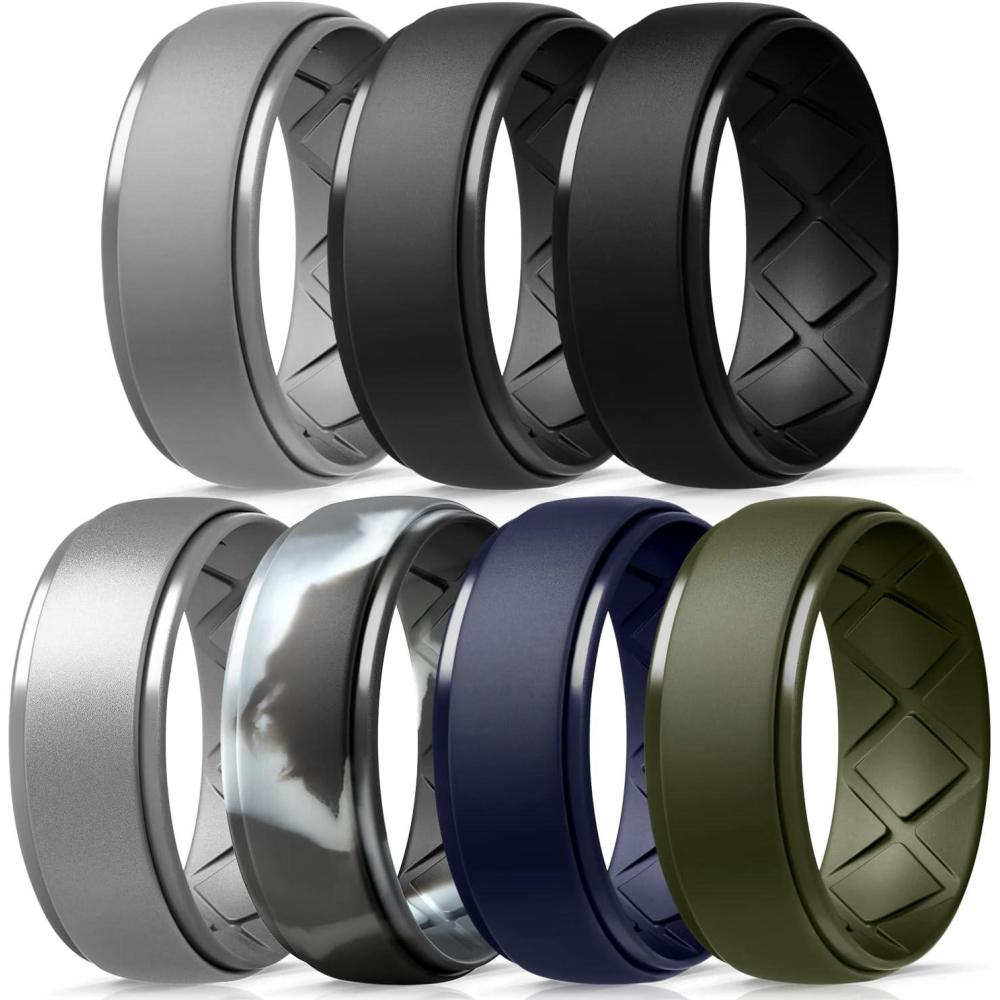 imageEgnaro Inner Arc Ergonomic Breathable Design Silicone Rings Mens with Half Sizes 14567 Rubber Wedding Bands 10mm Wide25mm ThickSETEBlack Black Gray Light Gray Metallic Silver Dark Blue Black GrayBlack Camo Olive Green