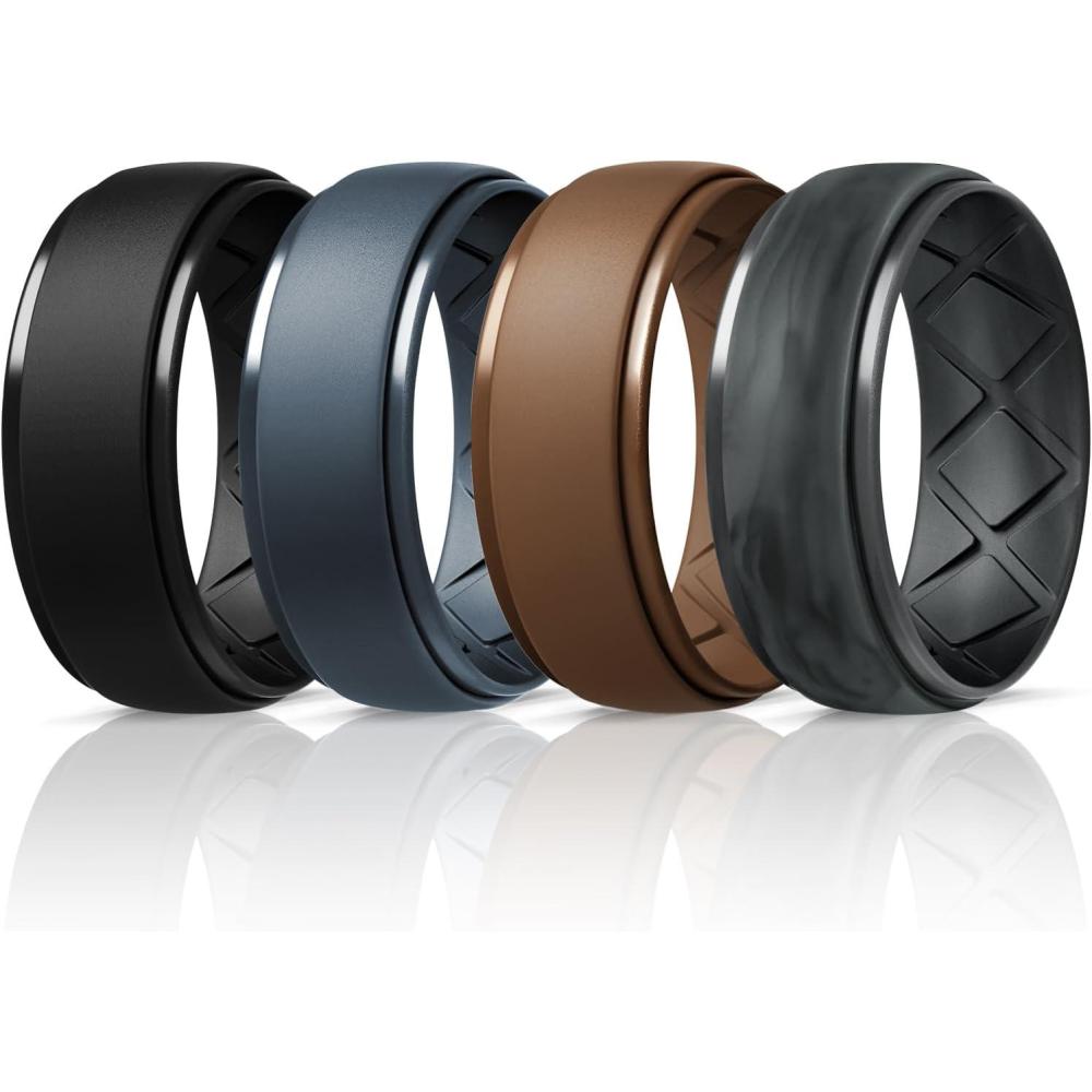 imageEgnaro Inner Arc Ergonomic Breathable Design Silicone Rings Mens with Half Sizes 14567 Rubber Wedding Bands 10mm Wide25mm ThickSETF5Black Blue Gray Warm Brown Black GrayBlack Camo