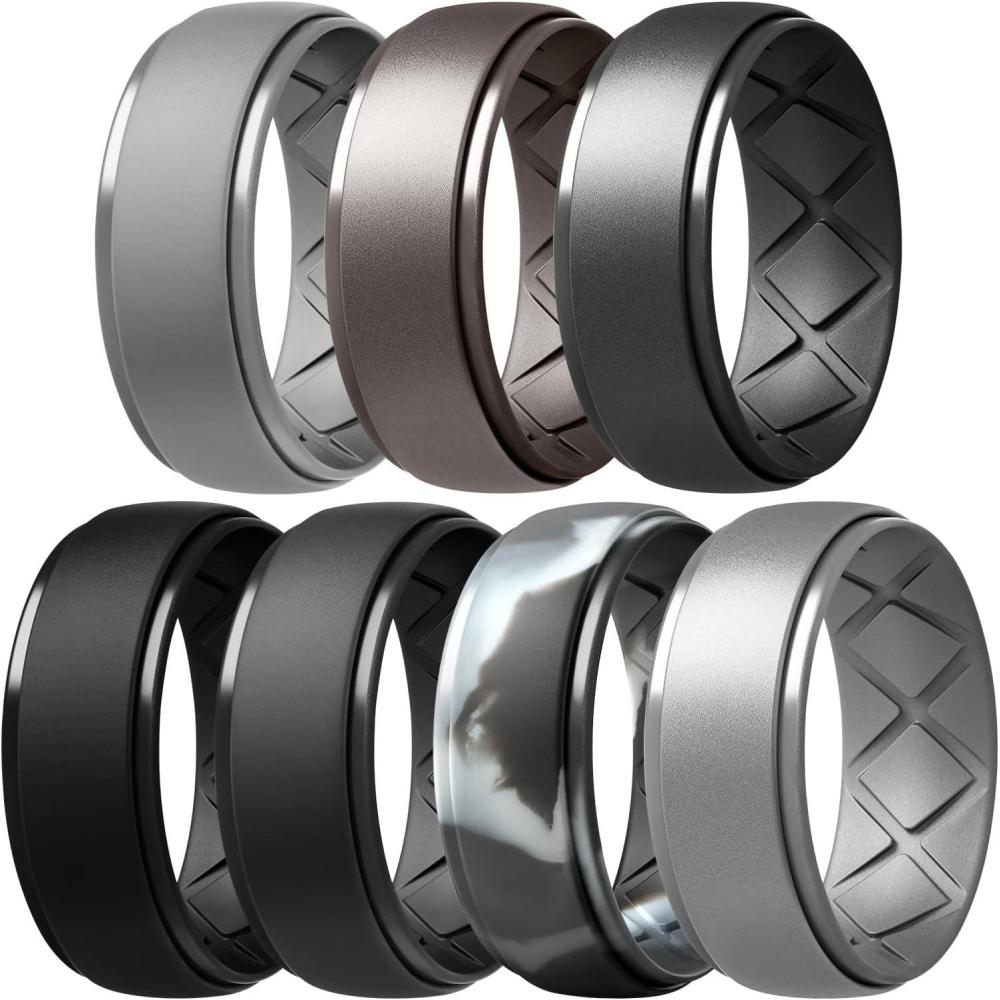 imageEgnaro Inner Arc Ergonomic Breathable Design Silicone Rings Mens with Half Sizes 14567 Rubber Wedding Bands 10mm Wide25mm ThickSETG1Light Gray Metallic Platinum Metal Black Gray Black Black Gray Black Gray Camo Metallic Silver