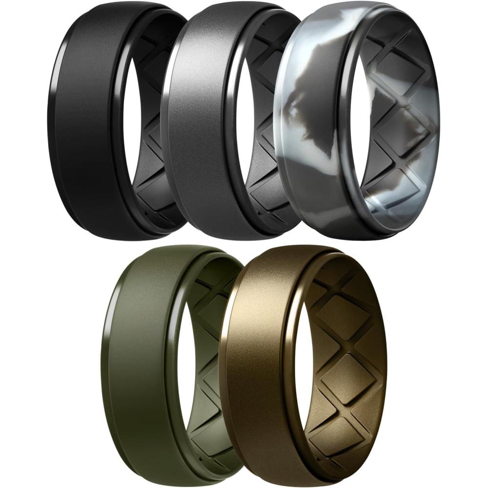 imageEgnaro Inner Arc Ergonomic Breathable Design Silicone Rings Mens with Half Sizes 14567 Rubber Wedding Bands 10mm Wide25mm ThickSETG2Black Metal Black Gray Black Gray Camo Olive Green Bronze