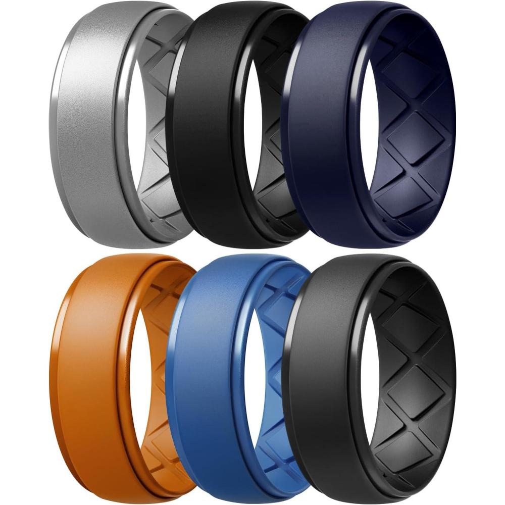 imageEgnaro Inner Arc Ergonomic Breathable Design Silicone Rings Mens with Half Sizes 14567 Rubber Wedding Bands 10mm Wide25mm ThickSETG3Metallic Silver Black Twilight Blue Orange Light Blue Black Gray