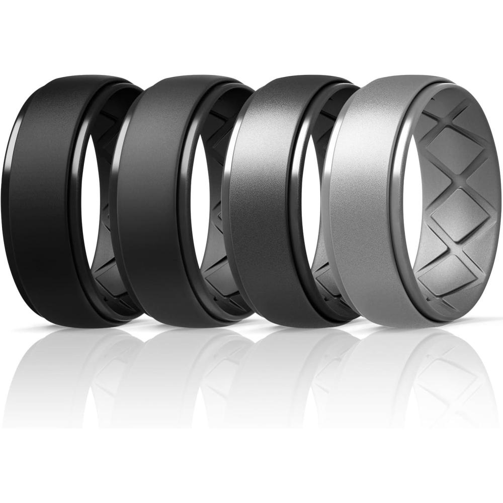 imageEgnaro Inner Arc Ergonomic Breathable Design Silicone Rings Mens with Half Sizes 14567 Rubber Wedding Bands 10mm Wide25mm ThickSETG4Black Black Gray Metal Black Gray Metallic Silver