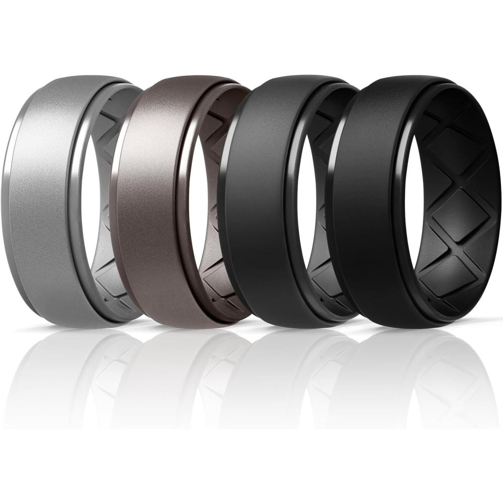 imageEgnaro Inner Arc Ergonomic Breathable Design Silicone Rings Mens with Half Sizes 14567 Rubber Wedding Bands 10mm Wide25mm ThickSETG5Metallic Silver Metallic Platinum Black Gray Black