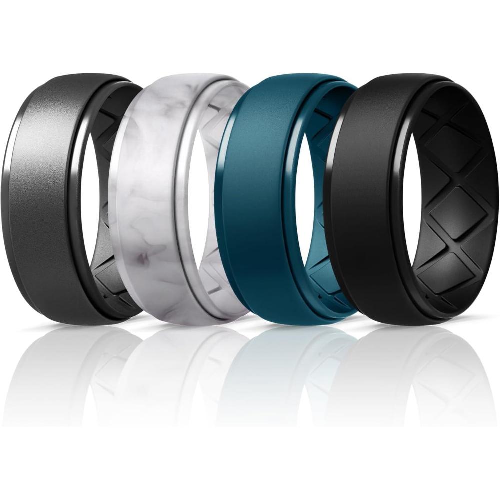 imageEgnaro Inner Arc Ergonomic Breathable Design Silicone Rings Mens with Half Sizes 14567 Rubber Wedding Bands 10mm Wide25mm ThickSETG6Dark silver Marble Navy blue Black