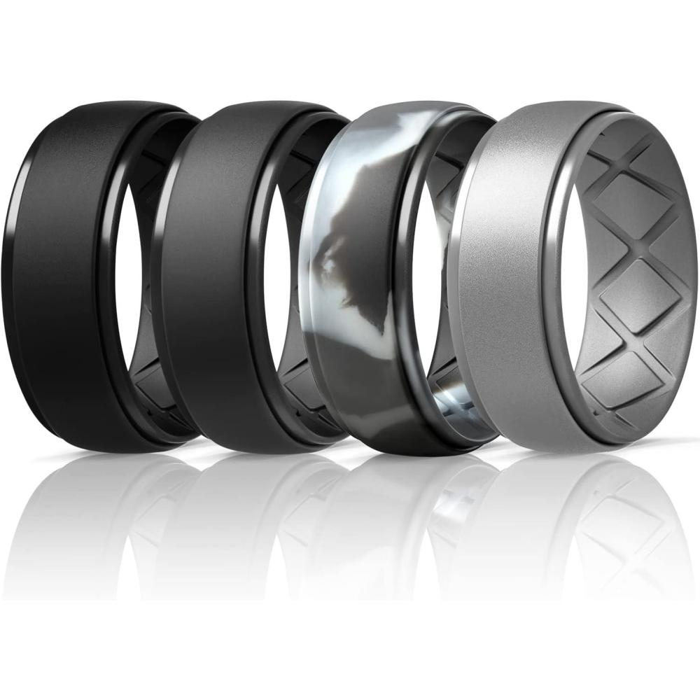 imageEgnaro Inner Arc Ergonomic Breathable Design Silicone Rings Mens with Half Sizes 14567 Rubber Wedding Bands 10mm Wide25mm ThickSETH2Black Black Gray Black GrayDark Black Camo Metallic Silver
