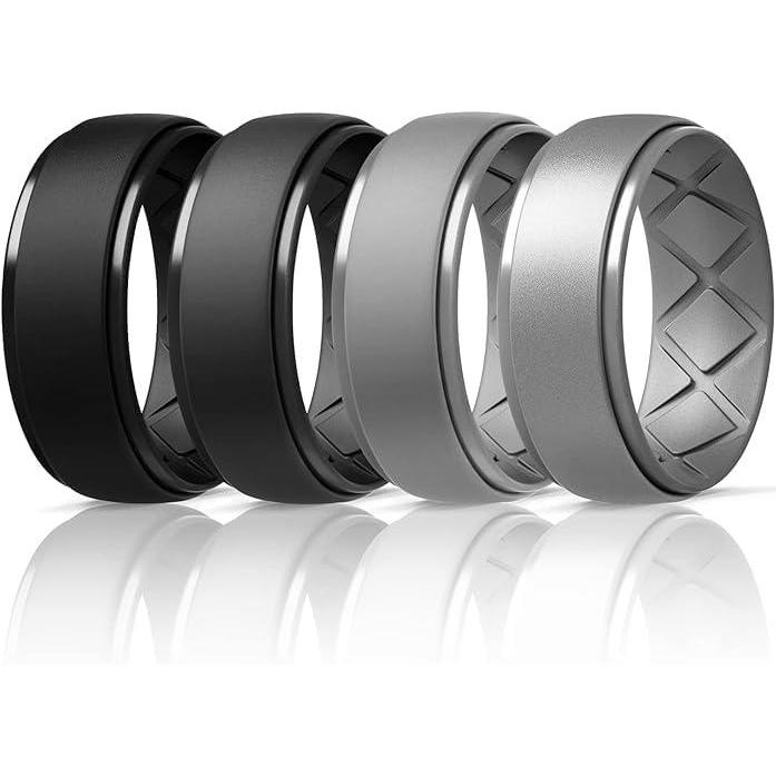 imageEgnaro Inner Arc Ergonomic Breathable Design Silicone Rings Mens with Half Sizes 14567 Rubber Wedding Bands 10mm Wide25mm ThickSETH3Black Black Gray Light Grey Metallic Silver