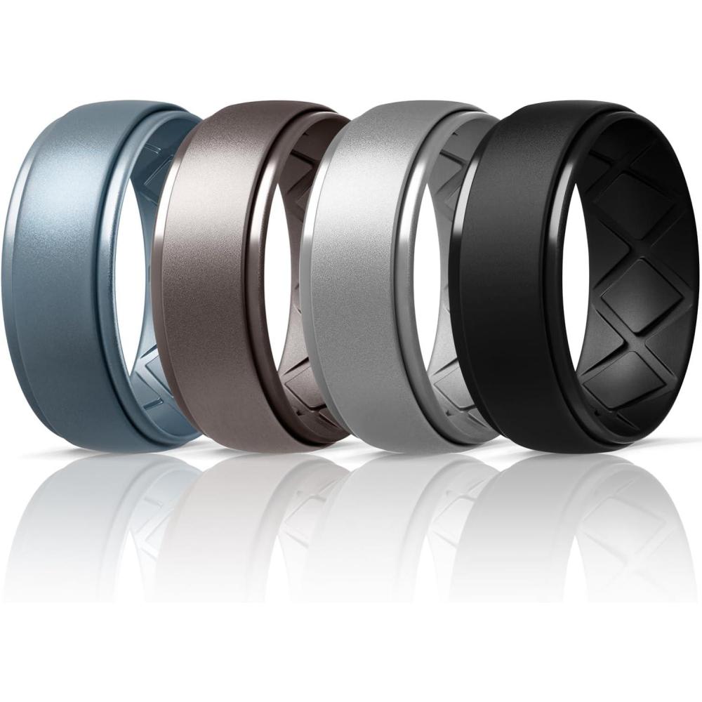 imageEgnaro Inner Arc Ergonomic Breathable Design Silicone Rings Mens with Half Sizes 14567 Rubber Wedding Bands 10mm Wide25mm ThickSETNMetal Blue  Metal Gun  Metal Silver  Black