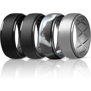 Egnaro Inner Arc Ergonomic Breathable Design, Silicone Rings Mens with Half Sizes, 1/4/5/6/7 Rubber Wedding Bands, 10mm Wide-2.5mm Thick(SETH2-Black Black Gray Black Gray-Dark Black Camo Metallic Silver)