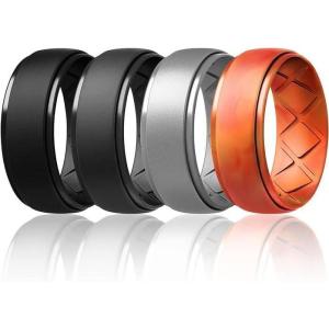 Egnaro Inner Arc Ergonomic Breathable Design, Silicone Rings Mens with Half Sizes, 1/4/5/6/7 Rubber Wedding Bands, 10mm Wide-2.5mm Thick(SETH6-Black Black Gray Metallic Silver Fire Camo)