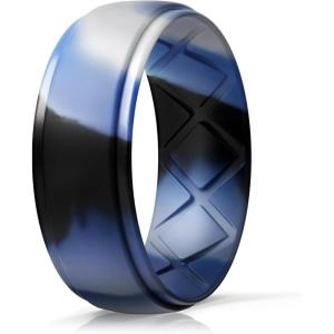 Egnaro Inner Arc Ergonomic Breathable Design, Silicone Rings Mens with Half Sizes, 1/4/5/6/7 Rubber Wedding Bands, 10mm Wide-2.5mm Thick(SETS-Navy Camo)