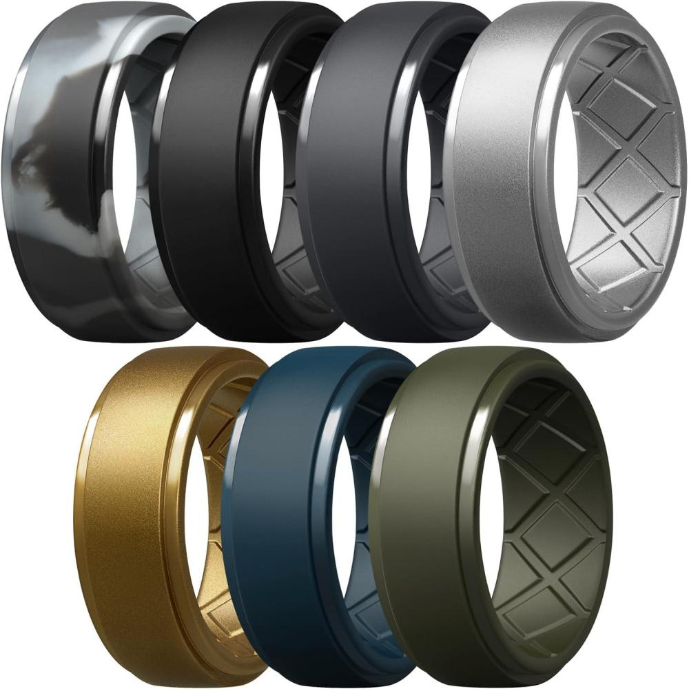 imageEgnaro Mens Silicone Rings 10mm Wide 25mm Thick Rubber Wedding Bands Multipack 147 Breathable Comfort Fit For WorkoutSETA3Black Black Gray Bronze Silver Dark Blue Black Gray Camo Olive Green