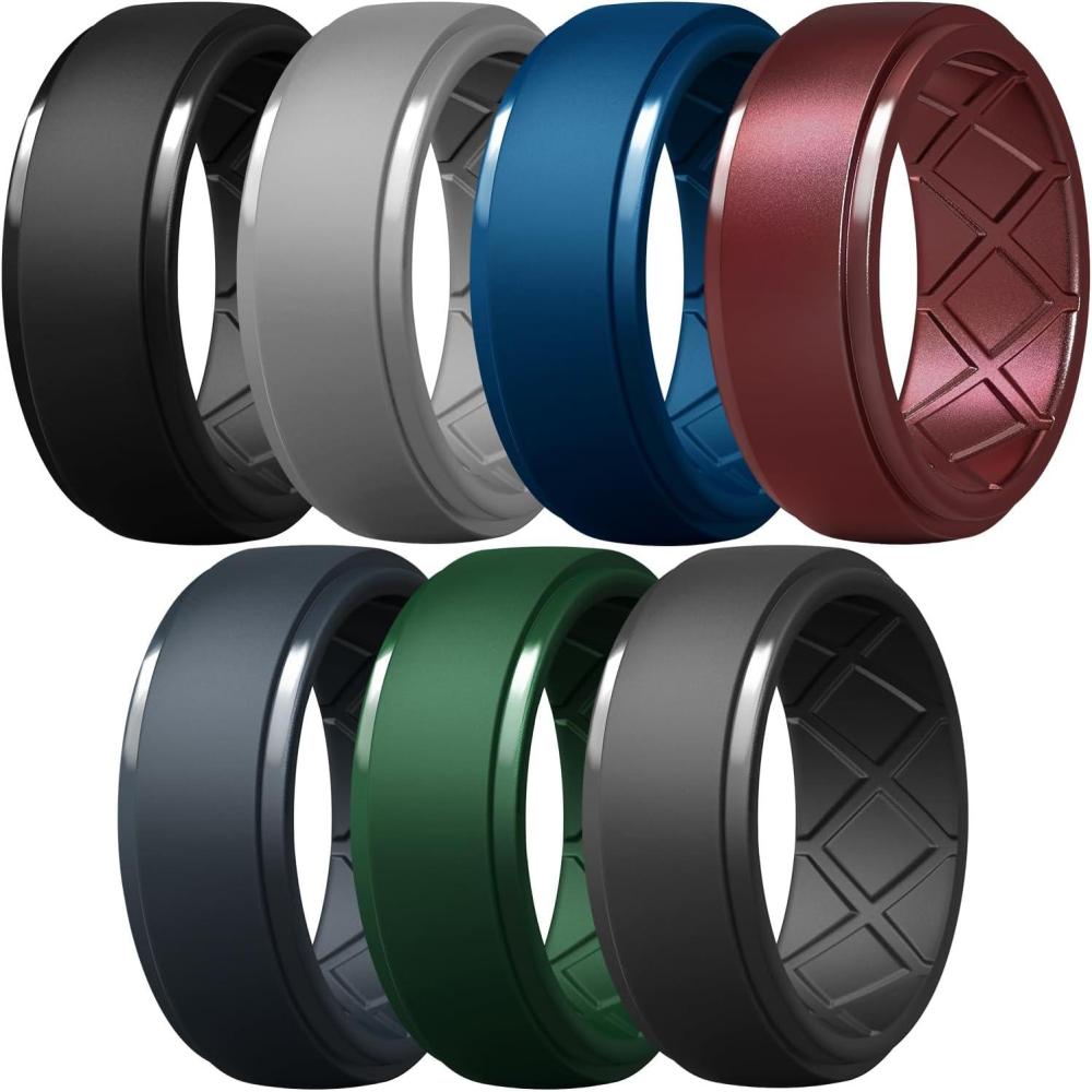 imageEgnaro Mens Silicone Rings 10mm Wide 25mm Thick Rubber Wedding Bands Multipack 147 Breathable Comfort Fit For WorkoutSETA5Light Gray  Black Gray  Emerald Green  Metallic Burgundy  Sea Blue  Blue Gray  Black