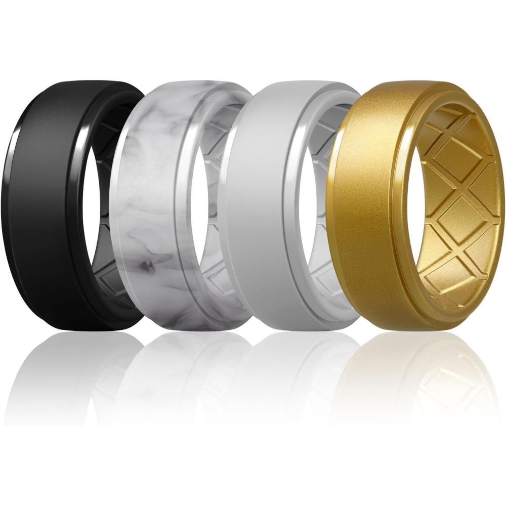 imageEgnaro Mens Silicone Rings 10mm Wide 25mm Thick Rubber Wedding Bands Multipack 147 Breathable Comfort Fit For WorkoutSETA6Black Marble White Gold