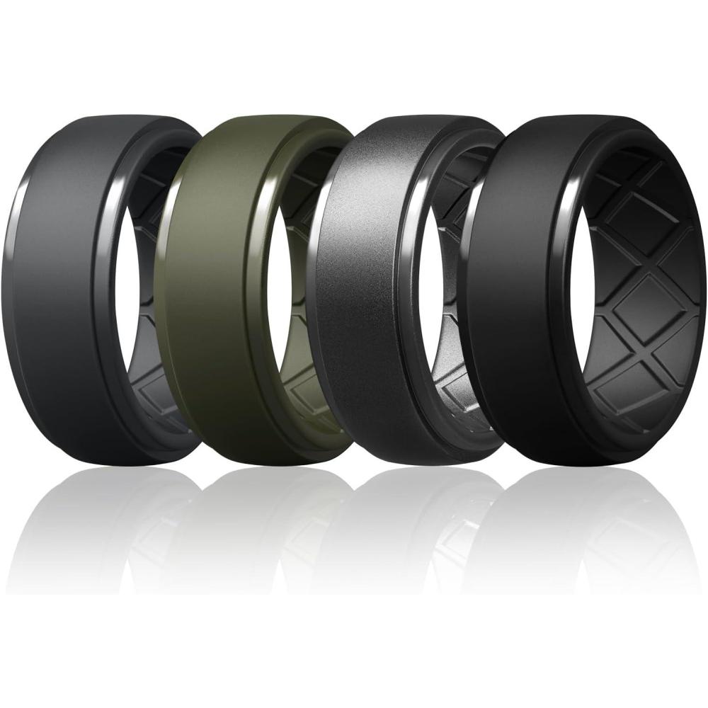 imageEgnaro Mens Silicone Rings 10mm Wide 25mm Thick Rubber Wedding Bands Multipack 147 Breathable Comfort Fit For WorkoutSETA7Black Gray  Olive Green  Dark Silver  Black