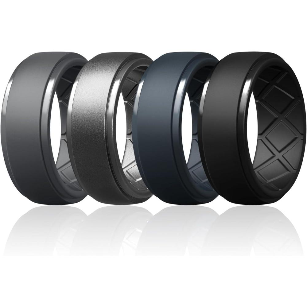 imageEgnaro Mens Silicone Rings 10mm Wide 25mm Thick Rubber Wedding Bands Multipack 147 Breathable Comfort Fit For WorkoutSETA9Dark Gray  Blue Gray  Dark Silver  Black