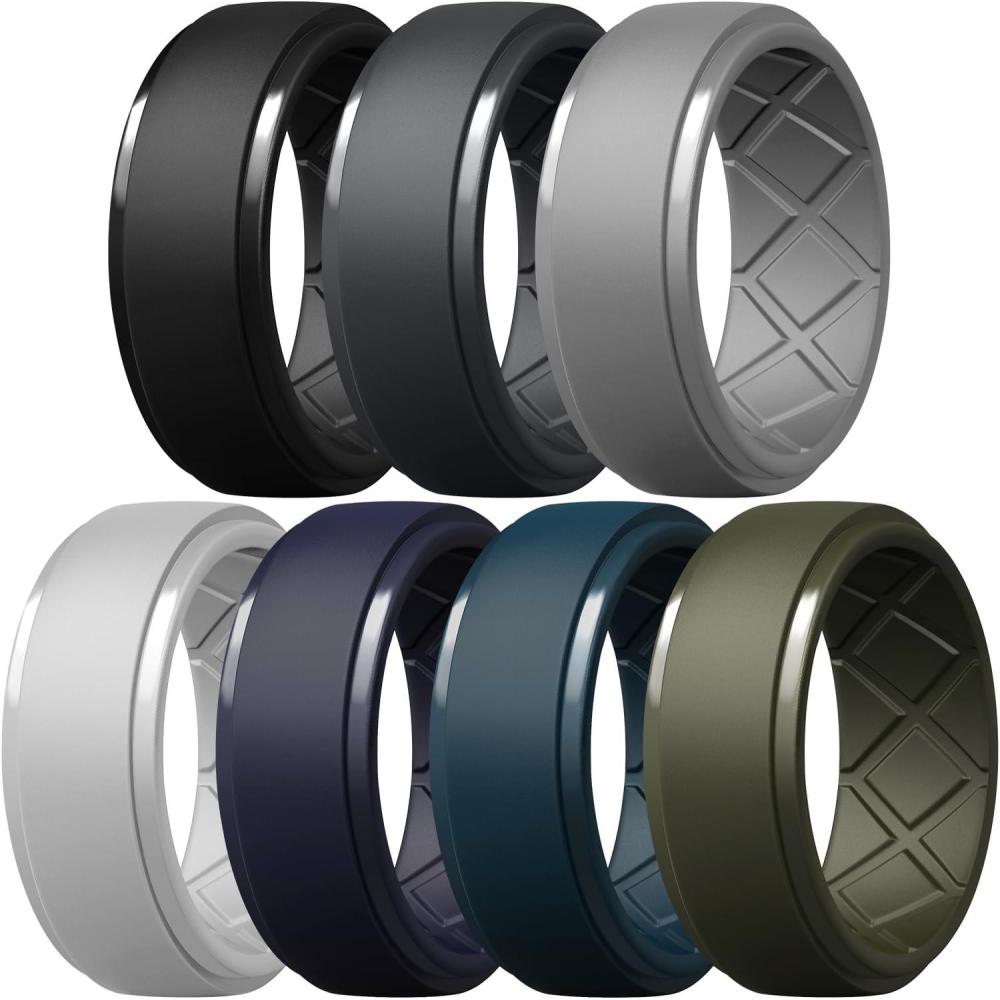 imageEgnaro Mens Silicone Rings 10mm Wide 25mm Thick Rubber Wedding Bands Multipack 147 Breathable Comfort Fit For WorkoutSETB1Black  Black Gray  Light Gray  White  Dark Blue  Twilight Blue  Olive Green