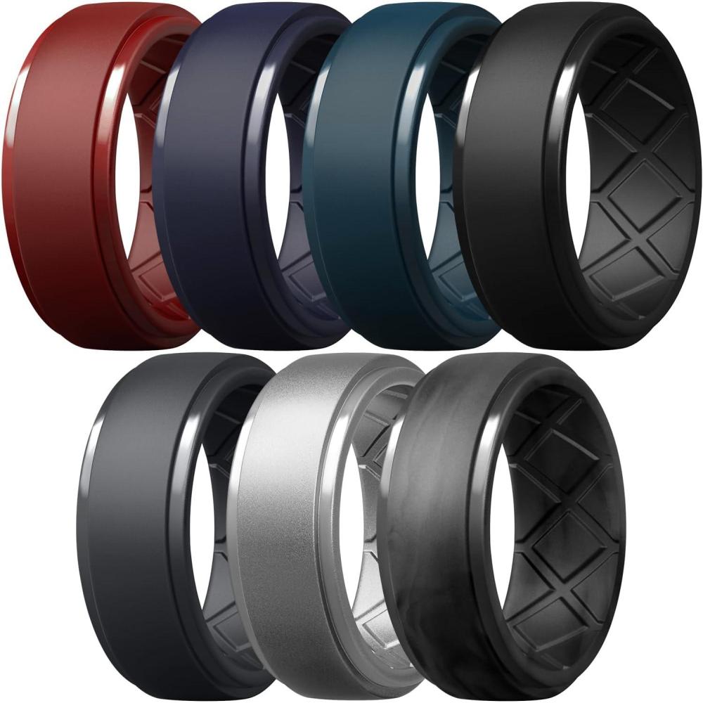 imageEgnaro Mens Silicone Rings 10mm Wide 25mm Thick Rubber Wedding Bands Multipack 147 Breathable Comfort Fit For WorkoutSETB3Black  Black Gray  Black Camo  Red  Dark Blue  Twilight Blue  Silver