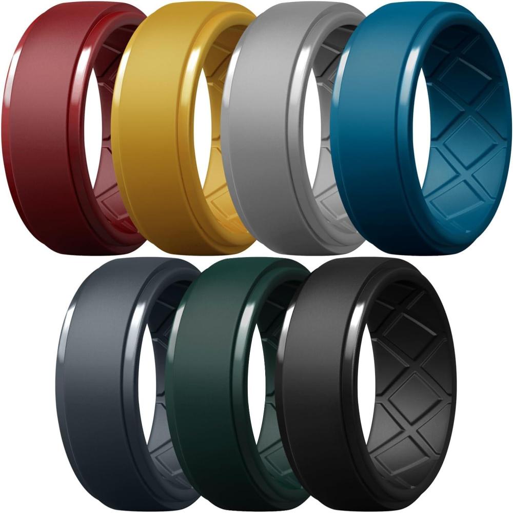 imageEgnaro Mens Silicone Rings 10mm Wide 25mm Thick Rubber Wedding Bands Multipack 147 Breathable Comfort Fit For WorkoutSETB4Crimson  Muted Yellow  Light Gray  Elegant Blue  Blue Gray  Pine Green  Black