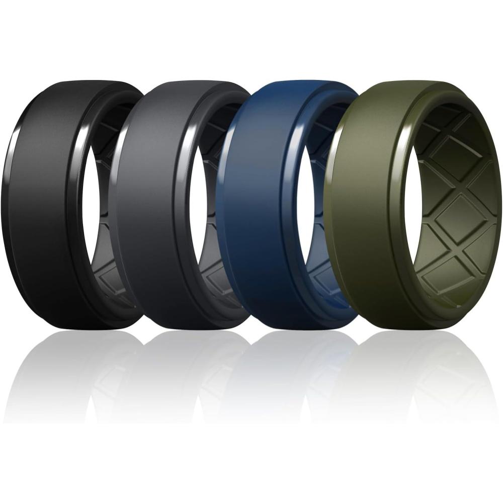 imageEgnaro Mens Silicone Rings 10mm Wide 25mm Thick Rubber Wedding Bands Multipack 147 Breathable Comfort Fit For WorkoutSETB5Black Black Gray Twilight Blue Olive Green