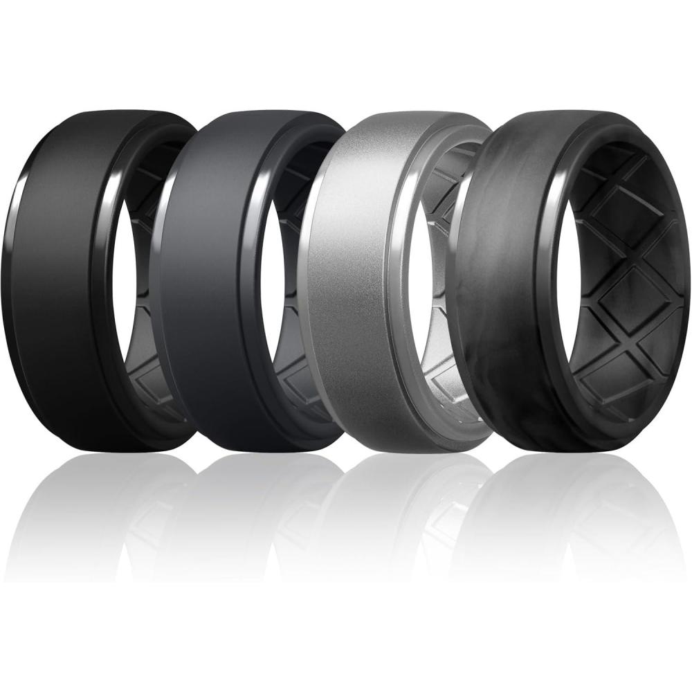 imageEgnaro Mens Silicone Rings 10mm Wide 25mm Thick Rubber Wedding Bands Multipack 147 Breathable Comfort Fit For WorkoutSETB9Black  Black Gray  Silver  Black Camo