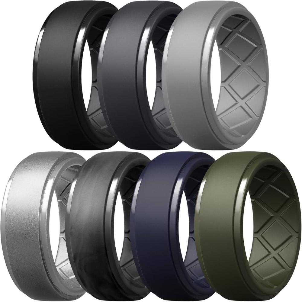 imageEgnaro Mens Silicone Rings 10mm Wide 25mm Thick Rubber Wedding Bands Multipack 147 Breathable Comfort Fit For WorkoutSETC1Black Black Gray Light Gray Silver Dark Blue Black Camo Olive Green