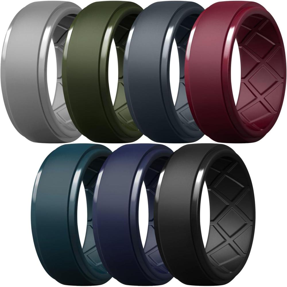 imageEgnaro Mens Silicone Rings 10mm Wide 25mm Thick Rubber Wedding Bands Multipack 147 Breathable Comfort Fit For WorkoutSETC2Light Gray  Dark Foliage Green  Blue Gray  Maroon  Navy Blue  Night Blue  Black