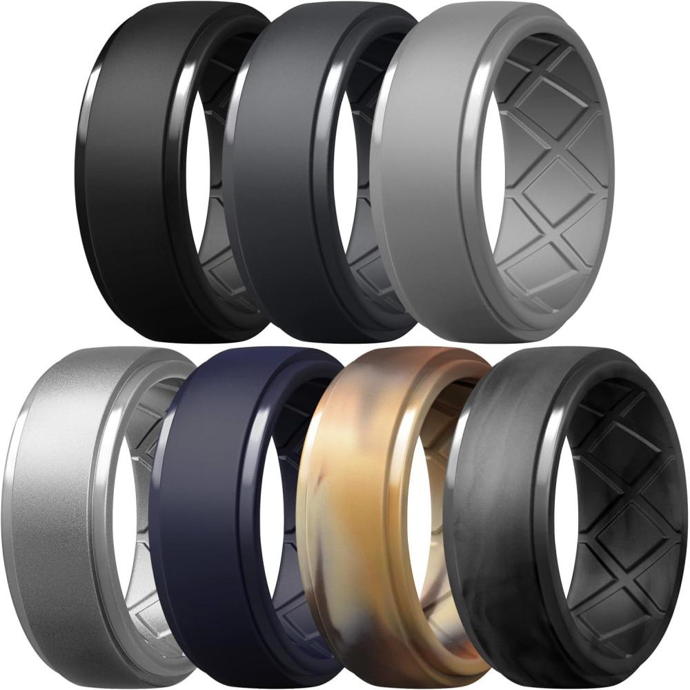 imageEgnaro Mens Silicone Rings 10mm Wide 25mm Thick Rubber Wedding Bands Multipack 147 Breathable Comfort Fit For WorkoutSETC7Black  Black Gray  Light Gray  Silver  Dark Blue  Sand Camo  Black Camo