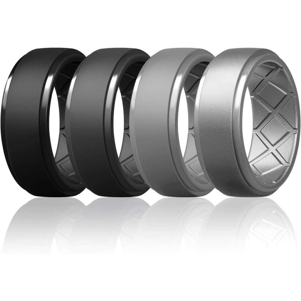 imageEgnaro Mens Silicone Rings 10mm Wide 25mm Thick Rubber Wedding Bands Multipack 147 Breathable Comfort Fit For WorkoutSETC8Black Dark Gray Light Gray Silver