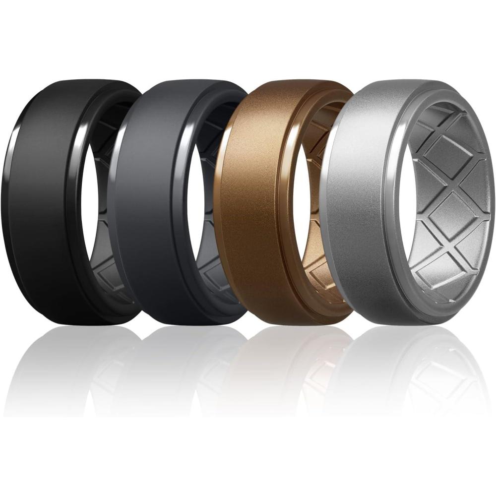 imageEgnaro Mens Silicone Rings 10mm Wide 25mm Thick Rubber Wedding Bands Multipack 147 Breathable Comfort Fit For WorkoutSETD3Black Black Gray Bronze Silver